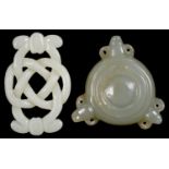 A CHINESE JADE CARVING OF A KNOT AND A SIMILAR MINIATURE BOWL WITH THREE PIERCED LUG HANDLES, KNOT