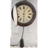 A 19TH CENTURY GERMAN POSTMAN'S ALARM WALL COCK WITH PAINTED DIAL PIERCED BRASS HANDS, BEZEL 30CM