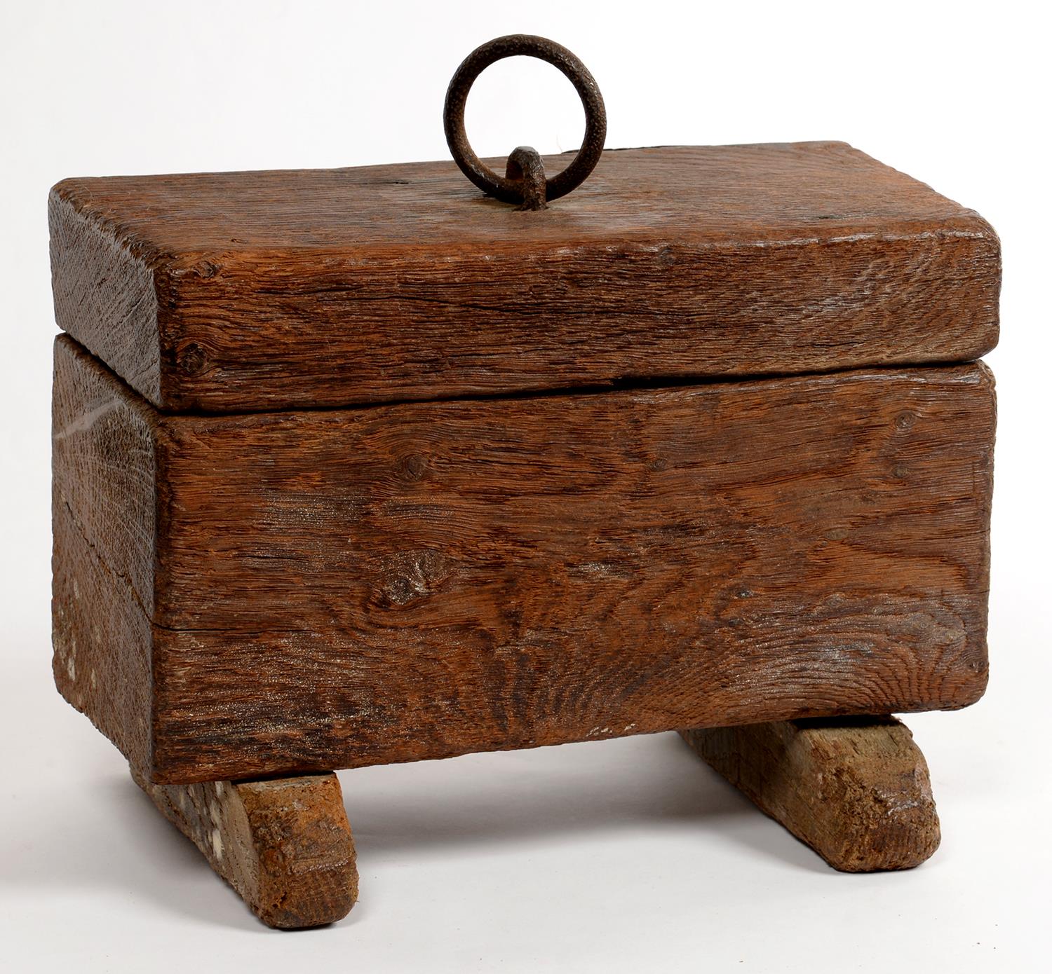 MINIATURE FURNITURE. AN UNUSUAL 16TH C STYLE OAK CHEST WITH IRON RING HANDLE AND 18TH C STRAP