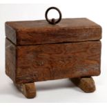 MINIATURE FURNITURE. AN UNUSUAL 16TH C STYLE OAK CHEST WITH IRON RING HANDLE AND 18TH C STRAP