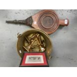 A PAIR REGENCY STYLE HEARTH BELLOWS, BRASS JAM PAN, ETC