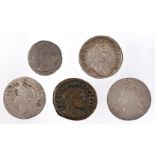 SILVER COINS.   WILLIAM AND MARY FOUR PENCE, 1688-94 AND FOUR VARIOUS OTHER COINS INCLUDING