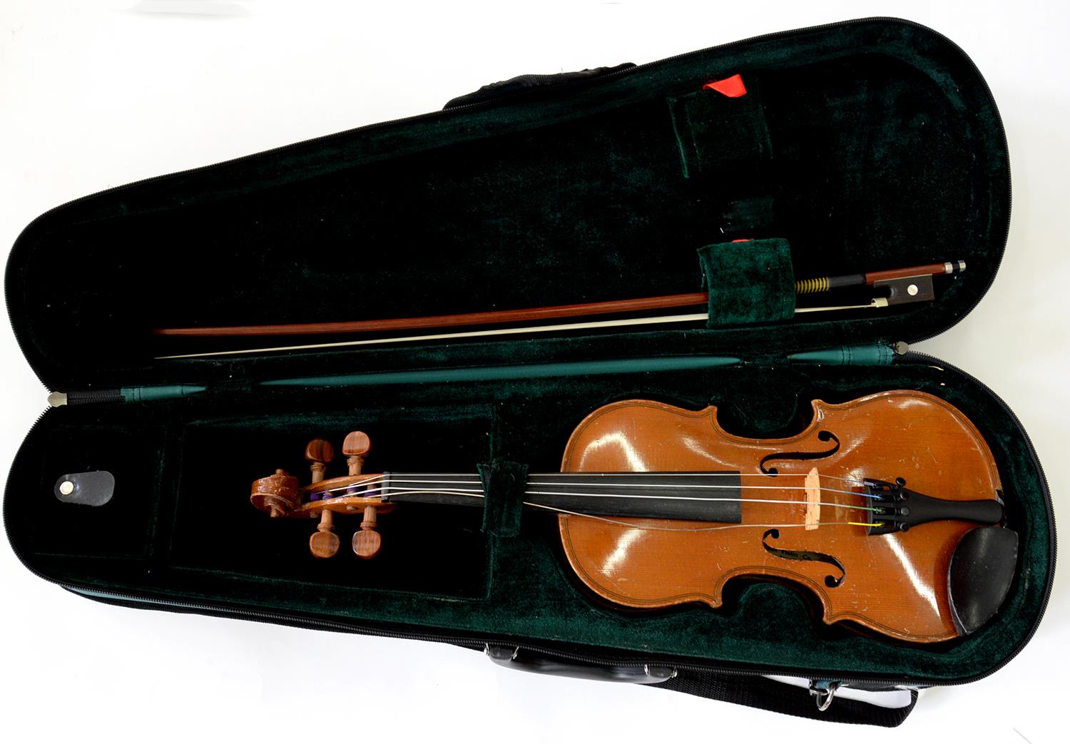 A HALF SIZE BOHEMIAN VIOLIN,  LENGTH OF BACK 30.5CM CASED AND TWO VIOLIN BOWS - Image 2 of 2