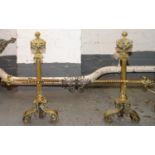 A PAIR OF VICTORIAN BRASS COLUMNAR FIRE DOGS AND RAIL , 58CM H
