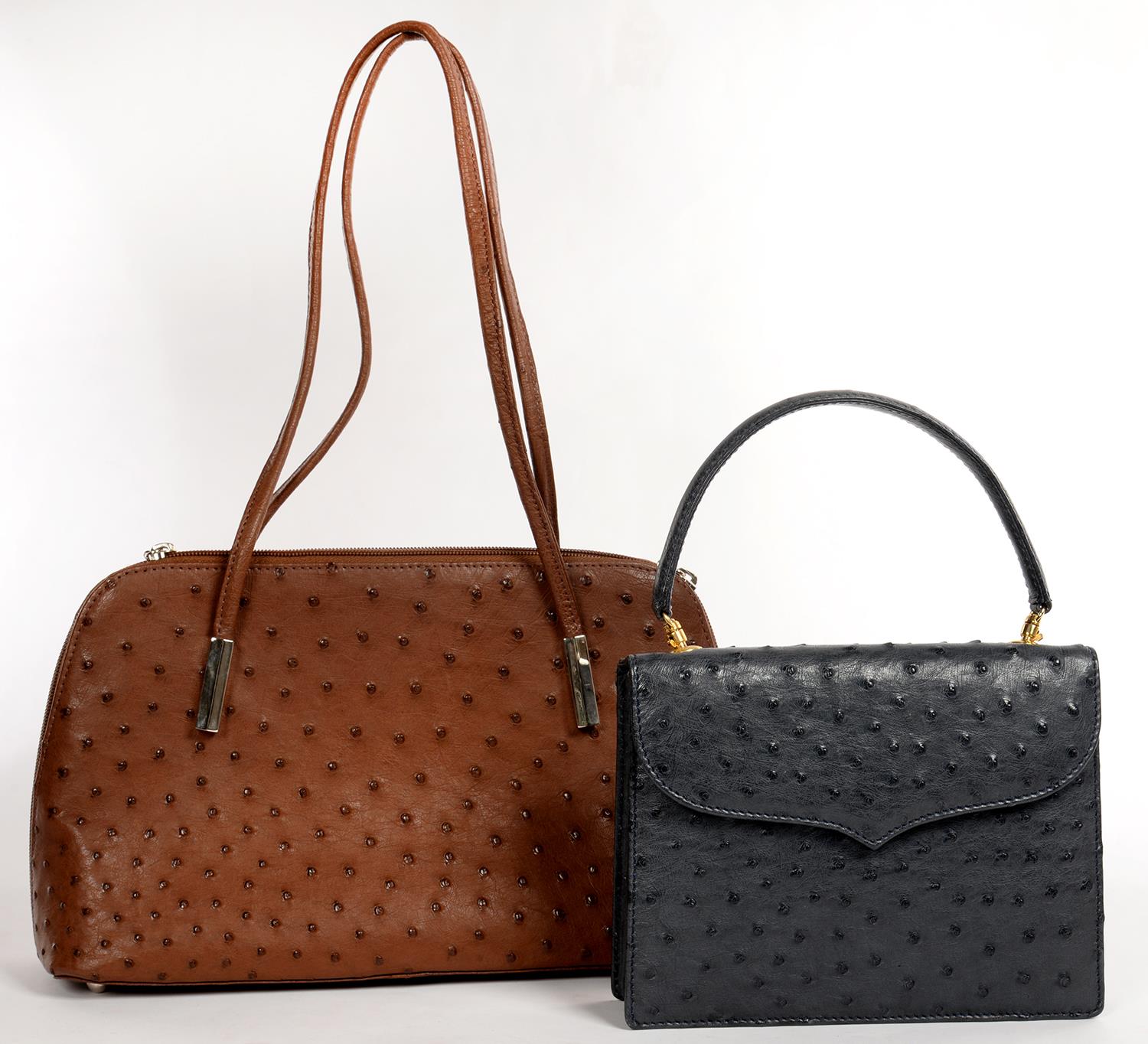 FASHION ACCESSORIES.  TWO OSTRICH HIDE HANDBAGS, ONE STAINED BROWN, THE OTHER DARK BLUE, 19 AND 31CM