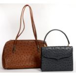 FASHION ACCESSORIES.  TWO OSTRICH HIDE HANDBAGS, ONE STAINED BROWN, THE OTHER DARK BLUE, 19 AND 31CM