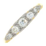 A DIAMOND FIVE STONE RING IN GOLD, MARKED 18CT, 3G, SIZE P NO DAMAGE TO DIAMONDS. LIGHT WEAR TO RING