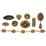 QUANTITY OF MOSAIC JEWELLERY, INCLUDING BROOCHES, PENDANTS AND BRACELETS BRASS WORN. BUILD UP OF