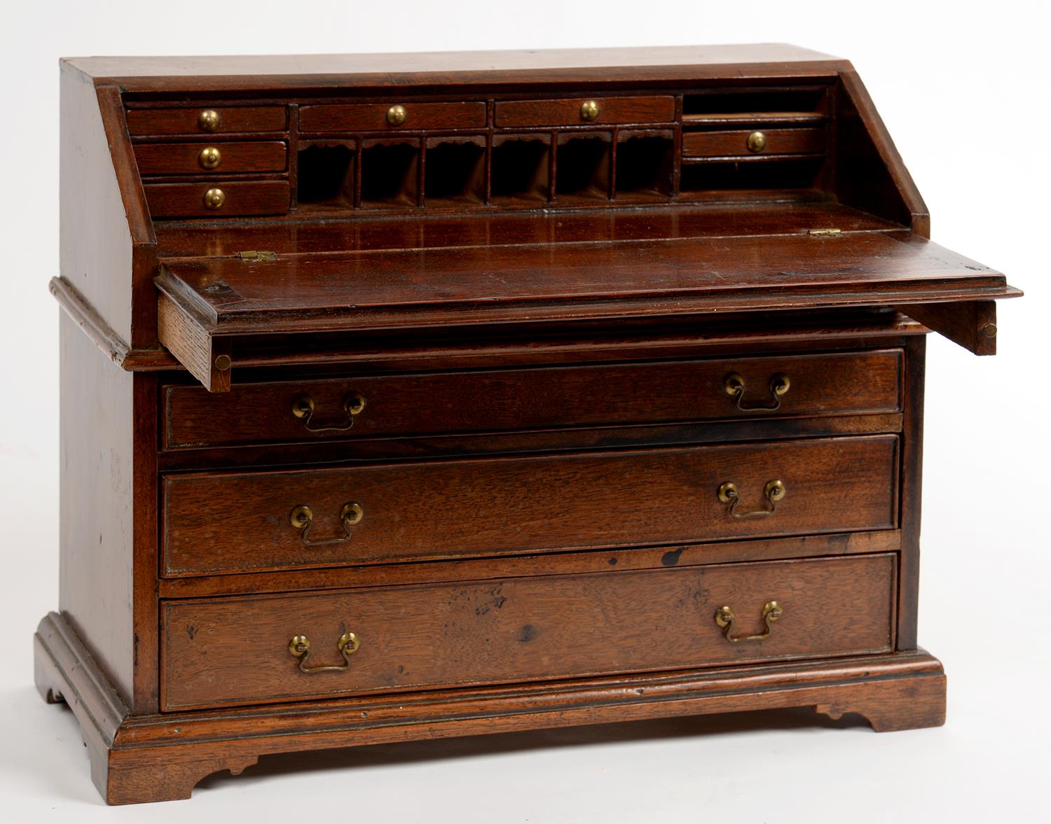 MINIATURE FURNITURE. A GEORGE III STYLE MAHOGANY BUREAU, 26CM H - Image 2 of 2