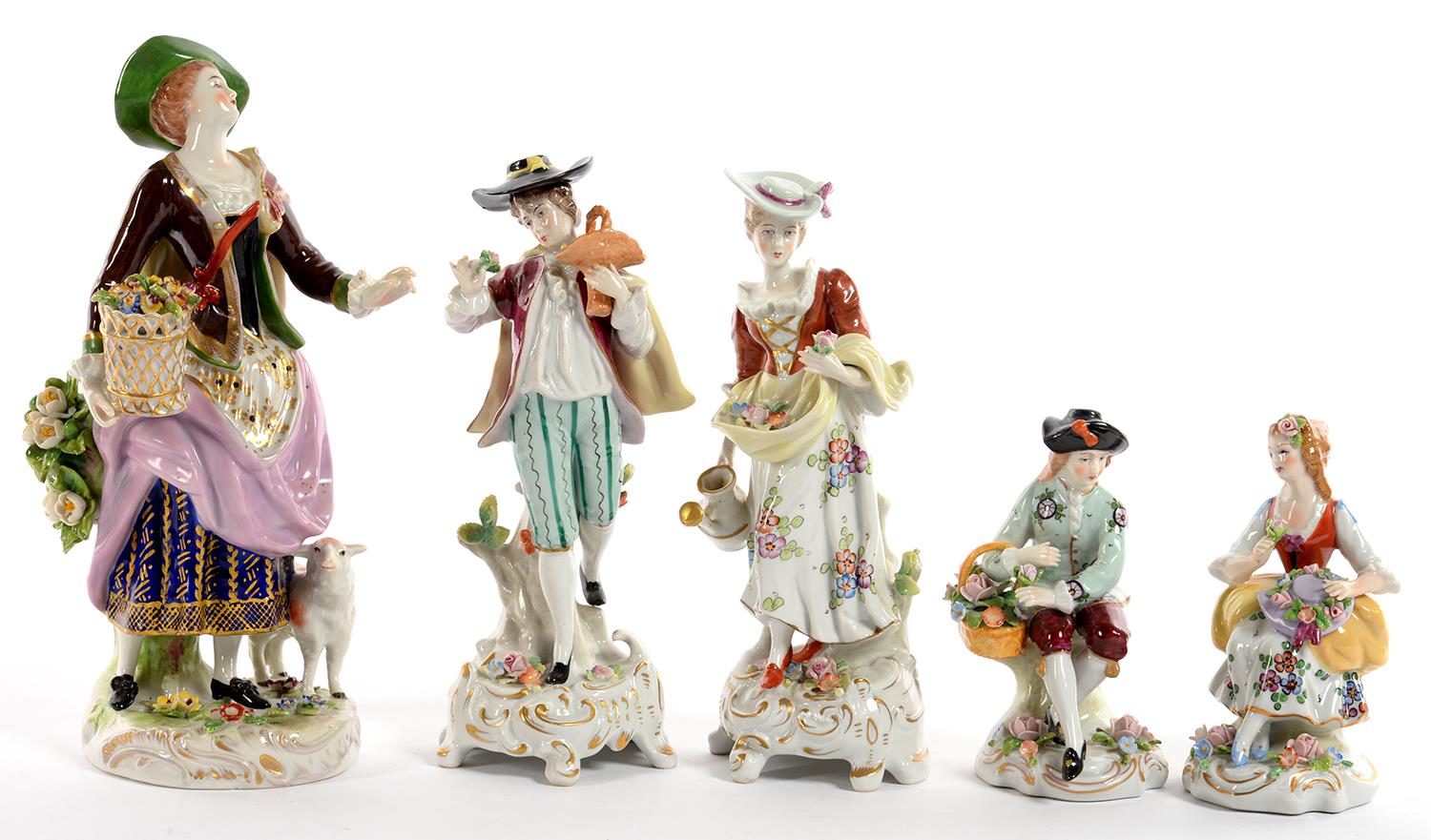 A GERMAN PORCELAIN FIGURE OF A SHEPERDESS AND TWO  PAIRS OF SIMILAR SMALLER SITZENDORF PORCELAIN