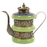 A CHINESE SILVER COLOURED METAL, CLOISONNE ENAMEL AND GREEN STONE ORNAMENTAL WINE POT AND COVER,