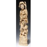 A JAPANESE IVORY OKIMONO OF A BIJIN AND CHILDREN, 33.5CM H, SIGNED, MEIJI PERIOD