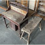 A VICTORIAN MAHOGANY WASHSTAND WITH TILED SPLASHBACK, 90CM W, AN ASH JOINT STOOL AND A PAINTED
