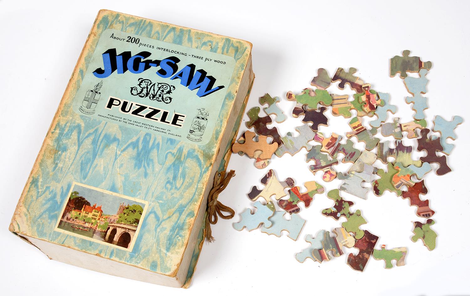 A GWR WOODEN JIGSAW PUZZLE - HENLEY BRIDGE, MANUFACTURED BY CHAD VALLEY HARBORNE, ENGLAND, 200