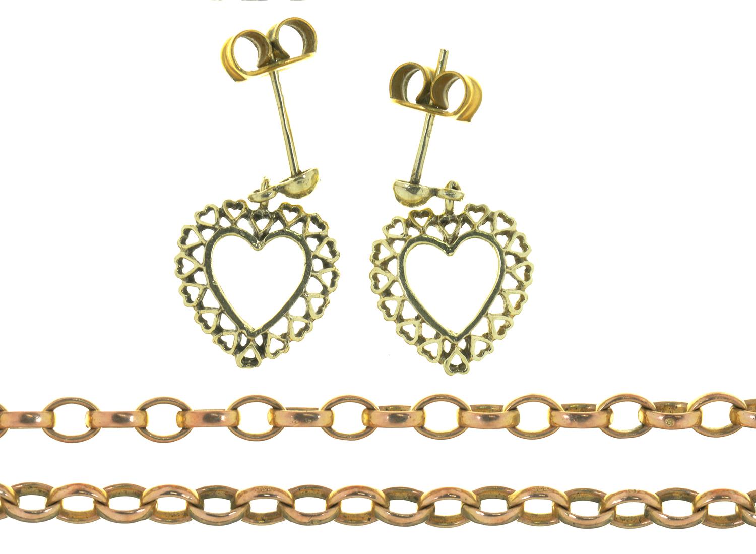 A GOLD CHAIN, 56 CM L, MARKED 375, GOLD CLASP MARKED 18CT AND A PAIR OF 9CT GOLD EARRINGS, 14.5G