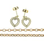 A GOLD CHAIN, 56 CM L, MARKED 375, GOLD CLASP MARKED 18CT AND A PAIR OF 9CT GOLD EARRINGS, 14.5G