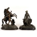 A FRENCH BRONZED SPELTER MARLY HORSE AND A CONTEMPORARY SPELTER STATUETTE OF A MAIDEN, WOOD BASES,