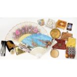 A CARVED MOTHER OF PEARL AND ABALONE JEWEL BOX, VARIOUS OTHER DECORATIVE BOXES, COMPACTS, FANS, ETC