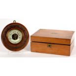 A VICTORIAN WALNUT WRITING BOX WITH FITTED INTERIOR, 26.5CM L AND A CARVED WALNUT ANEROID BAROMETER,