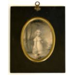 AN EARLY 19TH C ENGRAVING OF A YOUNG GIRL GATHERING FLOWERS, OVAL, 14 X 10CM PAPIER MACHE FRAME WITH