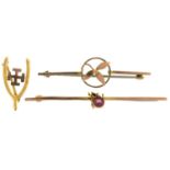 THREE GOLD BROOCHES, TWO MARKED 9CT, THE OTHER 10CT, 4.2G GEM SET BROOCH MISSING ONE STONE. ALSO