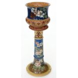 A LOVATTS ART POTTERY LOVIQUE WARE JARDINIERE AND PEDESTAL WITH IMPASTO FLORAL DECORATION, 70CM H,