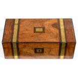 A VICTORIAN BRASS BOUND AND LINE INLAID WALNUT WRITING BOX WITH FITTED INTERIOR AND BRASS CAPPED