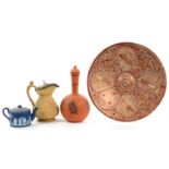 A VICTORIAN TERRACOTTA BOTTLE SHAPED VASE AND STOPPER, A WEDGWOOD DARK BLUE JASPER DIP TEAPOT AND