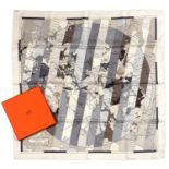 HERMÉS. 'LE MONDE EST VASTE' SQUARE SILK SCARF, 90 x 90 CM, BOXED