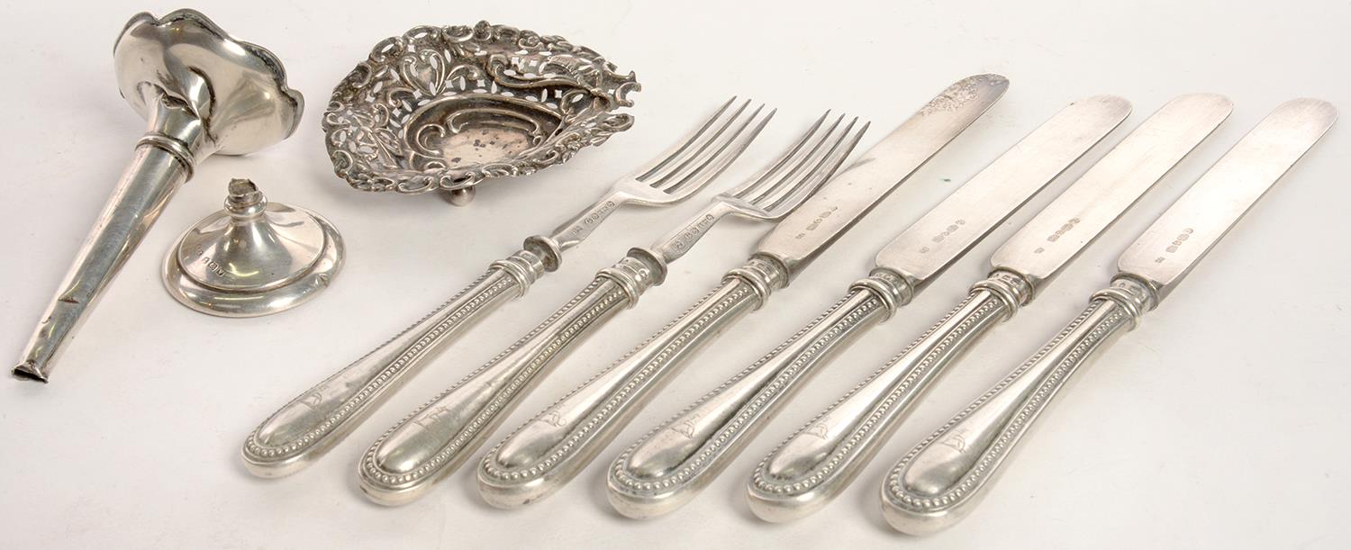 MISCELLANEOUS SILVER FLATWARE AND OTHER ARTICLES, COMPRISING A VICTORIAN SILVER HAFTED KNIVES AND