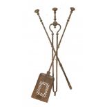 A SET OF THREE VICTORIAN BURNISHED STEEL FIRE IRONS, C1840, SHOVEL 78CM AND A PIERCED AND