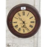 A VICTORIAN MAHOGANY WALL CLOCK, THE DIAL INSCRIBED S. H. BARRATT WIMBOURNE, 32CM D