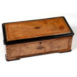 A LATE 19TH C SWISS WALNUT AND INLAID MUSICAL BOX (ONLY, LACKS MECHANISM) 34CM L