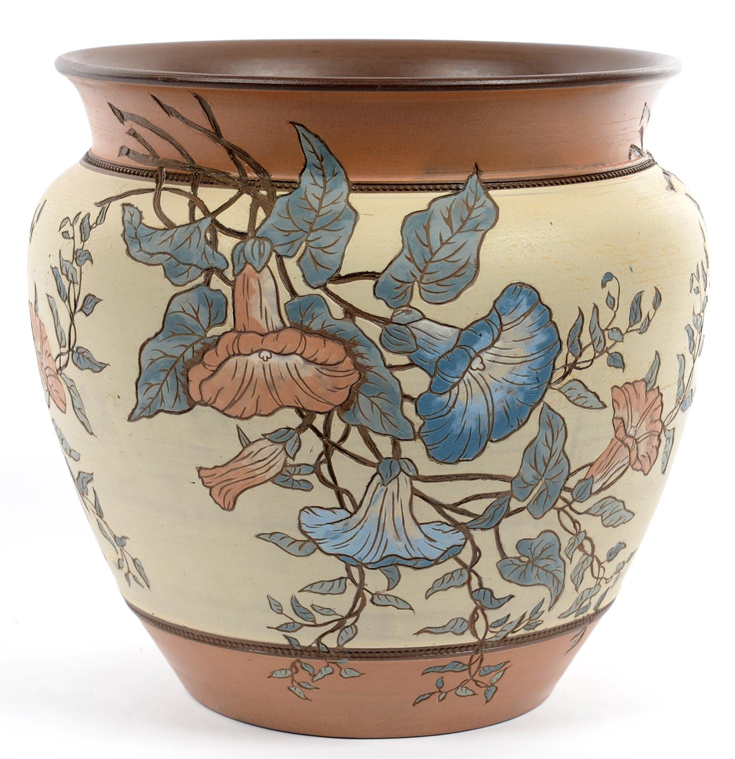 A CALVERT AND LOVATT ART POTTERY  JARDINIERE, DECORATED IN COLOURED SLIP AND SGRAFFITO BY MARY HELEN