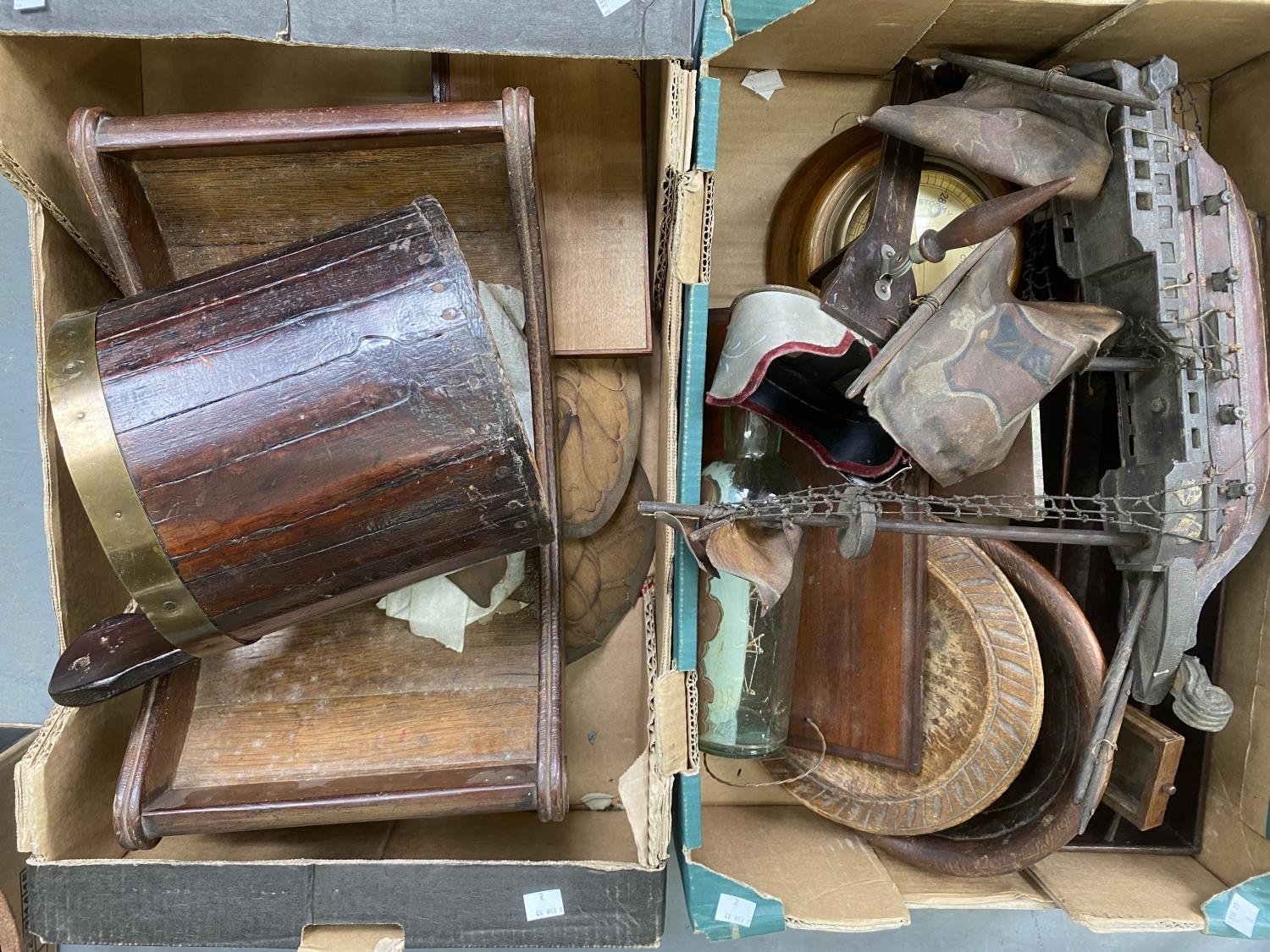 MISCELLANEOUS ITEMS, INCLUDING A MAHOGANY CHEESE CRADLE, AN INLAID OAK CUTLERY TRAY, STEREO