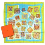 HERMÉS. 'LA MÉCANIQUE DES IDÉES' LIME SQUARE SILK SCARF, 90 x 90 CM, BOXED