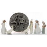 ONE LLADRO AND FIVE NAO FIGURES AND GEESE, VARIOUS SIZES AND A PEWTER RESIN BAS RELIEF OF TWO