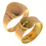 A VICTORIAN 9CT GOLD BUCKLE RING, BIRMINGHAM 1891 AND A 9CT GOLD SIGNET RING, MARKS RUBBED, 8.7G,