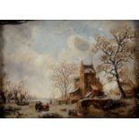 CONTINENTAL SCHOOL, WINTER LANDSCAPE, SIGNED VAN DE BURGH, OIL ON BOARD, 12 X 17CM