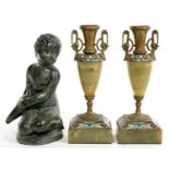 A PAIR OF FRENCH GILMETAL AND CHAMPLEVE ENAMEL MOUNTED ONYX CANDLESTICKS ON SQUARE FOOT, 25CM H,