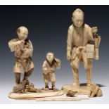 TWO JAPANESE IVORY OKIMONOS OF A FISHERMAN AND ANOTHER, CIRCA 13CM H AND SMALLER, SIGNED, MEIJI