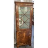 A YEW WOOD CORNER CUPBOARD WITH DENTIL CORNICE, 183CM H