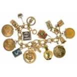 A 9CT GOLD CHARM BRACELET, TO INCLUDE A SOVEREIGN 1958, A 10 MEXICAN PESOS GOLD COIN, A 1964 TOKYO