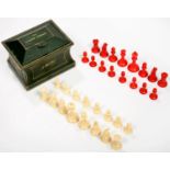 A JAQUES IVORY STAUNTON CHESS SET, STAINED RED AND NATURAL, KINGS 9CM H, BOTH KINGS STAMPED JAQUES