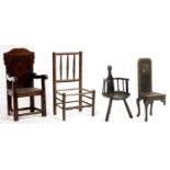 MINIATURE FURNITURE.  FOUR VARIOUS OAK OR OTHER WOOD CHAIRS IN  VARIOUS EARLY 17TH-EARLY 19TH C