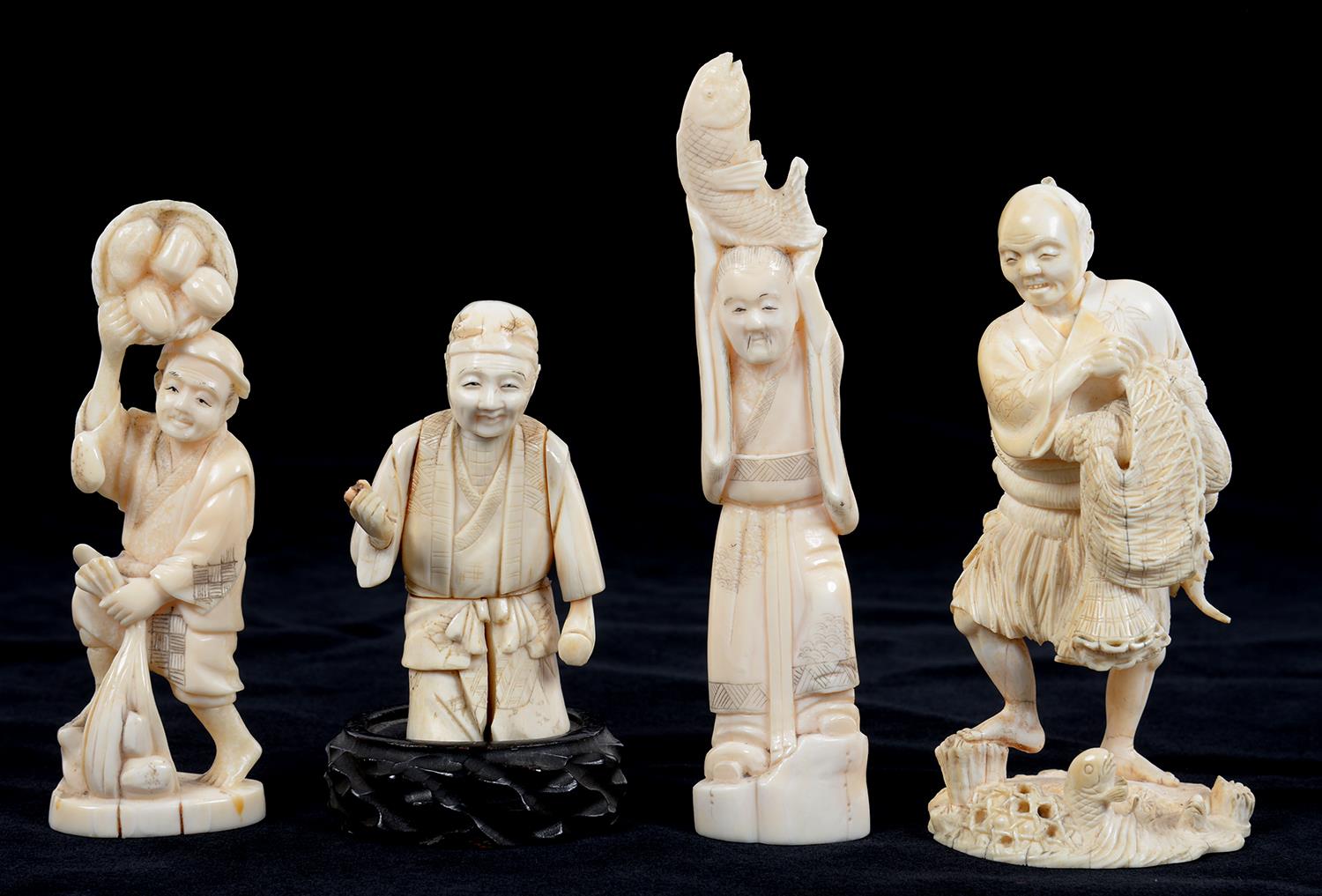 A JAPANESE IVORY OKIMONO OF A FISHERMAN AND THREE OTHER CONTEMPORARY FIGURES, FISHERMAN 13.5CM H,