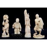 A JAPANESE IVORY OKIMONO OF A FISHERMAN AND THREE OTHER CONTEMPORARY FIGURES, FISHERMAN 13.5CM H,