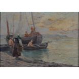 19TH C SCHOOL, FISHERFOLK ON THE BEACH, INDISTINCTLY SIGNED, OIL ON CANVAS, 24 X 34CM