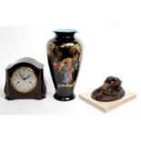 A BRONZED RESIN EROTIC SCULPTURE ON MARBLE BASE, 25CM LONG, A SMITH'S BAKELITE MANTEL CLOCK AND  A