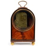 A 19TH C MAHOGANY AND LINE INLAID MANTEL CLOCK, THE ARCHED, PAD TOPPED CASE WITH BRASS HANDLE, THE